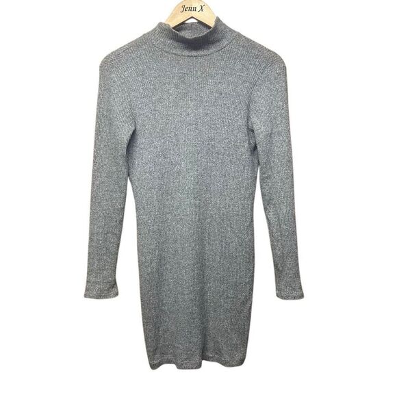 FOREVER 21 Gray Long Sleeve Knit Mini Bodycon Dress Size M Mock Neck Open Back - Picture 1 of 9